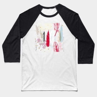 Feathers Pattern, Red Pink, Blue Grey and Gold Specks Baseball T-Shirt